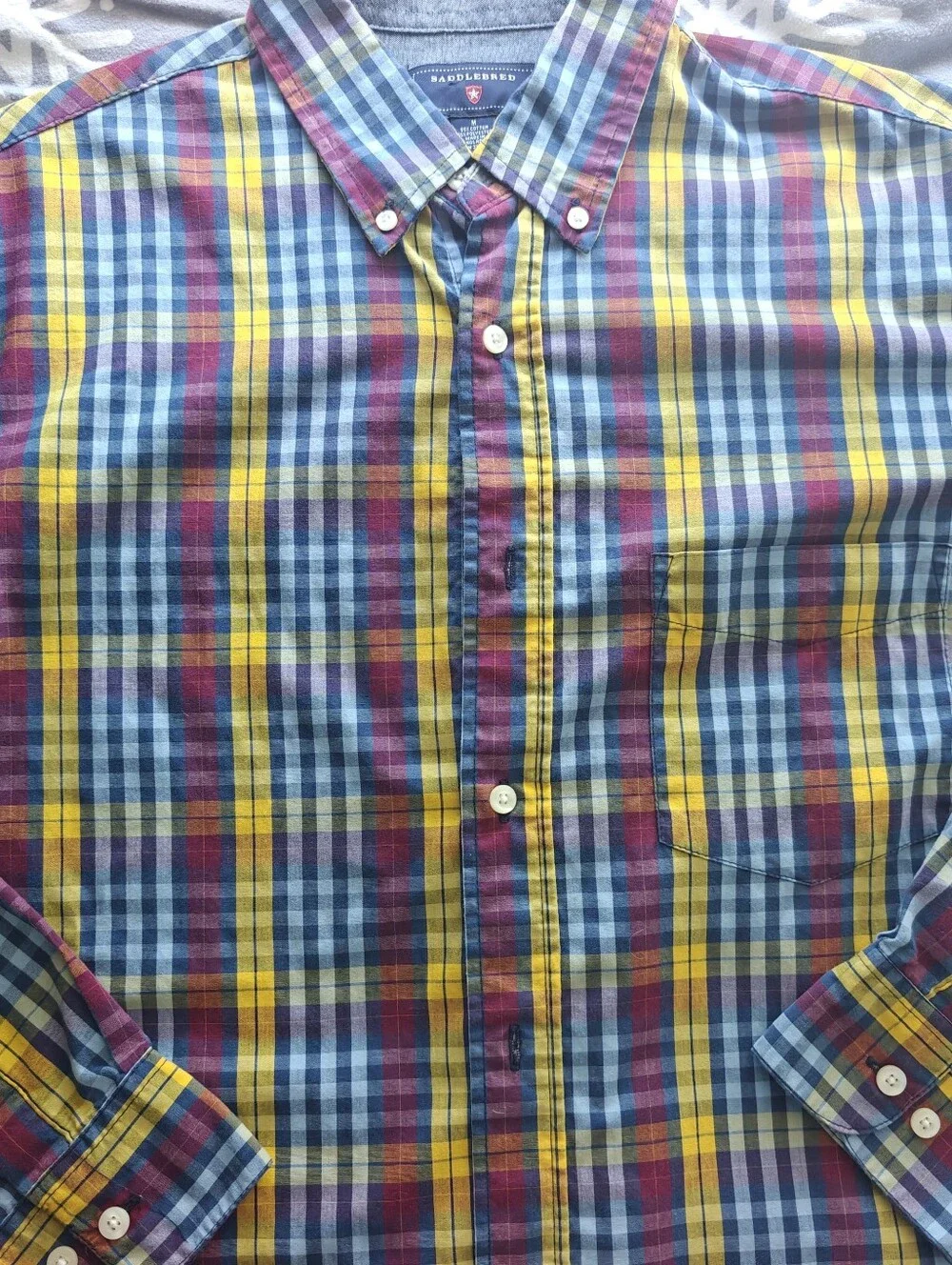 Saddlebred Multicolor Plaid Button-Down Shirt Sz.M Cotton Mix Blue Mustard Red